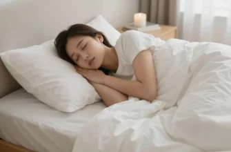 A person sleeping peacefully in bed with a weighted blanket covering them, showing a calm and safe atmosphere, soft lighting, and a comfortable bedroom setting