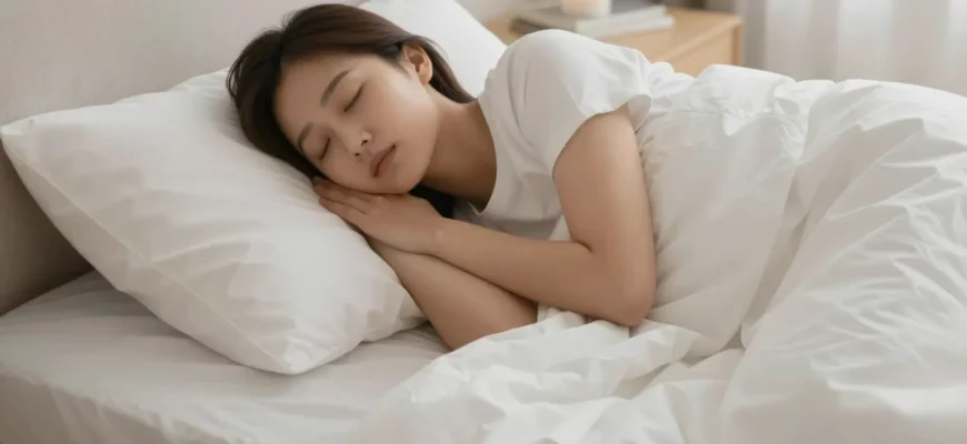 A person sleeping peacefully in bed with a weighted blanket covering them, showing a calm and safe atmosphere, soft lighting, and a comfortable bedroom setting