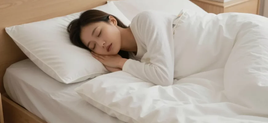 A serene bedroom scene featuring a person peacefully sleeping under a weighted blanket, with soft lighting and a cozy atmosphere, emphasizing comfort and relaxation