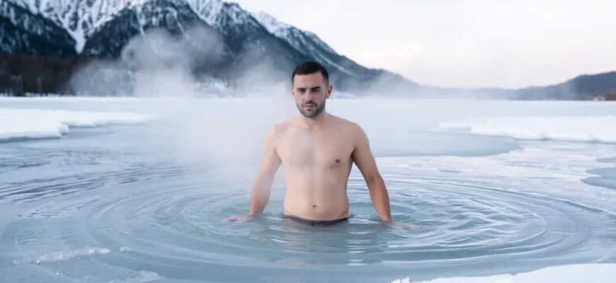 A person standing in icy water with steam rising from their body, surrounded by snow-covered mountains under a pale winter sky, showing a moment of cold exposure therapy in a natural setting