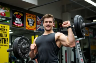 A person confidently lifting a heavy weight in a gym setting, surrounded by motivational posters and equipment, demonstrating proper form and focus, with a determined expression and visible muscle strain, in a realistic and inspiring atmosphere
