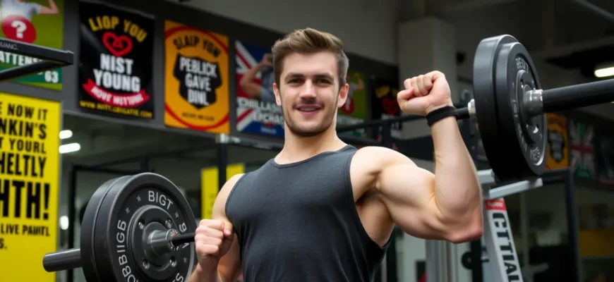 A person confidently lifting a heavy weight in a gym setting, surrounded by motivational posters and equipment, demonstrating proper form and focus, with a determined expression and visible muscle strain, in a realistic and inspiring atmosphere