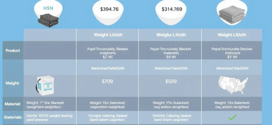 A detailed side-by-side comparison chart featuring top HSN weighted blankets and industry-leading alternatives, with clear labels, product images, weight specifications, material details, and price ranges, presented in a clean, professional infographic style with a modern blue and white color scheme