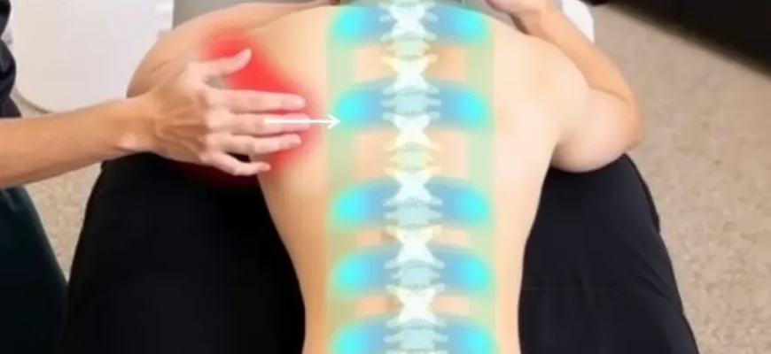 A medical professional or chiropractor examining a person's spine and posture while they lie on a weighted blanket, with clear visual indicators showing proper vs. improper weight distribution and potential pressure points causing pain, in a clean clinical or home setting