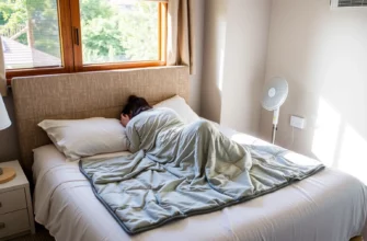 A cozy bedroom scene showing a person comfortably using a lightweight, breathable weighted blanket on a bed during warm weather, with sunlight streaming through a window and a fan nearby