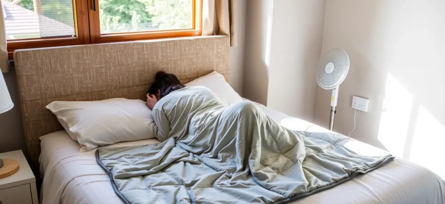 A cozy bedroom scene showing a person comfortably using a lightweight, breathable weighted blanket on a bed during warm weather, with sunlight streaming through a window and a fan nearby
