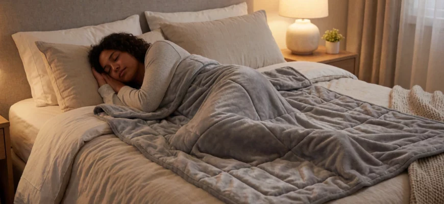 A cozy bedroom scene showing a person peacefully sleeping under a 12 lb Altavida weighted blanket on a neatly made bed with soft neutral bedding, warm ambient lighting from a bedside lamp, and a relaxed, calming atmosphere emphasizing comfort and restful sleep