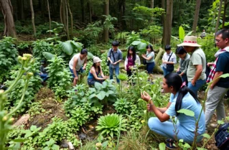A serene natural landscape featuring a diverse group of people of various ages and ethnicities engaged in collaborative rewilding activities such as planting native trees, tending to wildflowers, and monitoring wildlife, set in a lush, overgrown forest clearing with abundant greenery and natural water features, emphasizing harmony between humans and nature