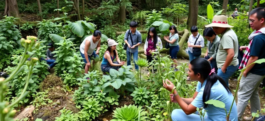 A serene natural landscape featuring a diverse group of people of various ages and ethnicities engaged in collaborative rewilding activities such as planting native trees, tending to wildflowers, and monitoring wildlife, set in a lush, overgrown forest clearing with abundant greenery and natural water features, emphasizing harmony between humans and nature