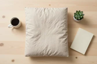 A minimalist styled flat lay composition featuring a beige weighted blanket with subtle texture, folded neatly on a light wooden surface, accompanied by a small ceramic mug with coffee, a potted succulent, and a hardcover book with a beige cover, all arranged in a clean, uncluttered layout with soft natural lighting and ample negative space
