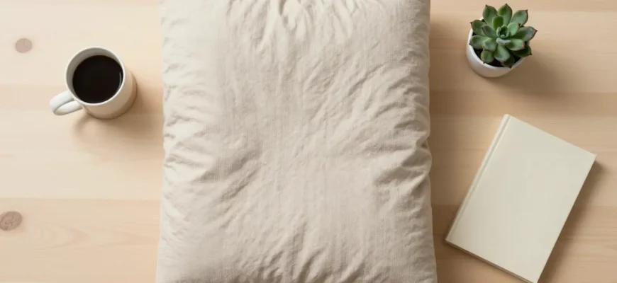 A minimalist styled flat lay composition featuring a beige weighted blanket with subtle texture, folded neatly on a light wooden surface, accompanied by a small ceramic mug with coffee, a potted succulent, and a hardcover book with a beige cover, all arranged in a clean, uncluttered layout with soft natural lighting and ample negative space