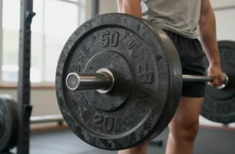 A clear, high-quality image showing a person securely holding a large, heavy discount weight in a gym setting, with visible weight plates and a sturdy barbell, emphasizing safety and proper grip, with bright lighting and detailed textures