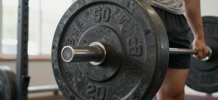 A clear, high-quality image showing a person securely holding a large, heavy discount weight in a gym setting, with visible weight plates and a sturdy barbell, emphasizing safety and proper grip, with bright lighting and detailed textures