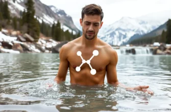 A serene outdoor setting with a person taking a cold plunge in a natural setting like a mountain lake or waterfall, surrounded by snow-capped mountains and pine trees, with a subtle scientific illustration overlay showing hormone molecules and a testosterone symbol in a clean, minimalist style