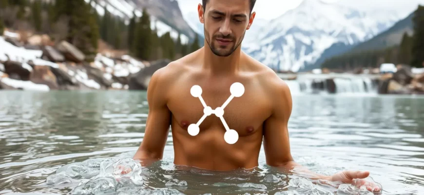 A serene outdoor setting with a person taking a cold plunge in a natural setting like a mountain lake or waterfall, surrounded by snow-capped mountains and pine trees, with a subtle scientific illustration overlay showing hormone molecules and a testosterone symbol in a clean, minimalist style