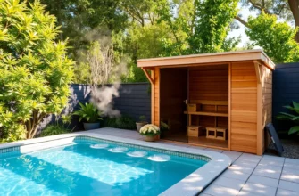 A serene outdoor sauna cabin with wooden panels, steam gently rising, adjacent to a crystal-clear cold plunge pool reflecting the sky, surrounded by lush green foliage and soft natural lighting, emphasizing wellness and modern design