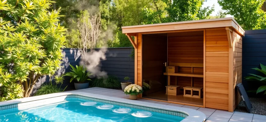 A serene outdoor sauna cabin with wooden panels, steam gently rising, adjacent to a crystal-clear cold plunge pool reflecting the sky, surrounded by lush green foliage and soft natural lighting, emphasizing wellness and modern design