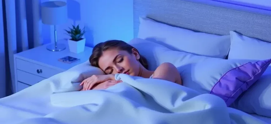 A serene bedroom scene at night, featuring a person peacefully sleeping under a soft, textured Luna Weighted Blanket with gentle weight distribution visible, cool blue and lavender lighting creating a calming atmosphere, minimalist modern decor, and subtle motion lines indicating restful sleep