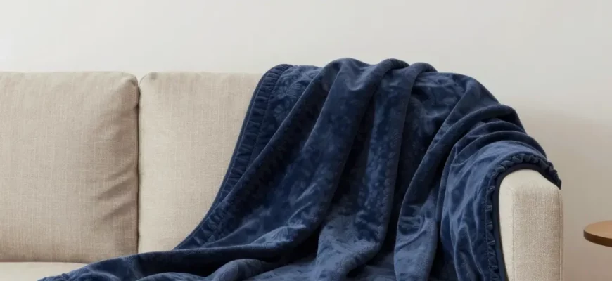 A clean, modern product guide layout featuring a navy blue weighted blanket draped elegantly over a minimalist sofa in a cozy living room setting, with soft natural lighting highlighting the fabric texture and stitching details, alongside clear typography for the title and key features, no people, no text on the blanket itself