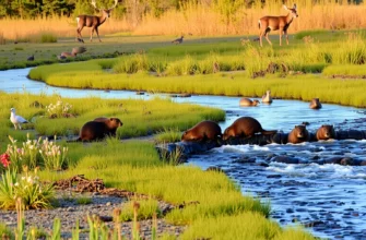 A serene wetland landscape with beavers building a dam in a flowing stream, surrounded by lush greenery, wildflowers, and diverse wildlife including birds, fish, and deer in the background, soft golden hour lighting, natural and untouched environment