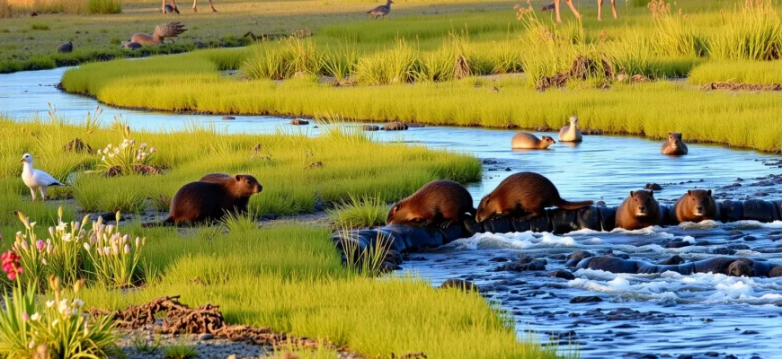 A serene wetland landscape with beavers building a dam in a flowing stream, surrounded by lush greenery, wildflowers, and diverse wildlife including birds, fish, and deer in the background, soft golden hour lighting, natural and untouched environment