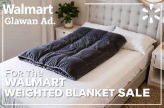 A promotional banner image for a Walmart weighted blanket sale featuring a cozy bedroom scene with a neatly made bed displaying a plush weighted blanket, soft lighting, and clear text space for 'Walmart Weighted Blanket Sale' without adding letters or digits to the image