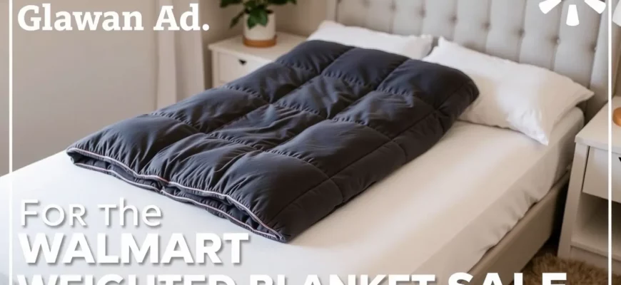 A promotional banner image for a Walmart weighted blanket sale featuring a cozy bedroom scene with a neatly made bed displaying a plush weighted blanket, soft lighting, and clear text space for 'Walmart Weighted Blanket Sale' without adding letters or digits to the image