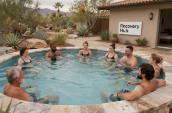 A serene outdoor cold plunge pool surrounded by lush desert vegetation and modern recovery hub signage, with a diverse group of people in athletic wear taking an ice bath, soft natural lighting, detailed textures of water and stone, emphasizing wellness and community