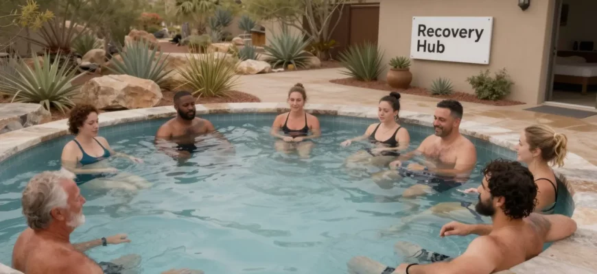 A serene outdoor cold plunge pool surrounded by lush desert vegetation and modern recovery hub signage, with a diverse group of people in athletic wear taking an ice bath, soft natural lighting, detailed textures of water and stone, emphasizing wellness and community