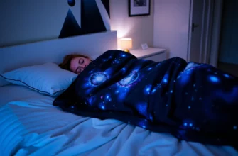 A cozy bedroom scene featuring a person relaxing under a galaxy-themed weighted blanket with subtle star and nebula patterns, soft ambient lighting, and a calm, serene atmosphere