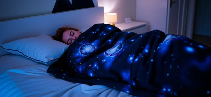 A cozy bedroom scene featuring a person relaxing under a galaxy-themed weighted blanket with subtle star and nebula patterns, soft ambient lighting, and a calm, serene atmosphere
