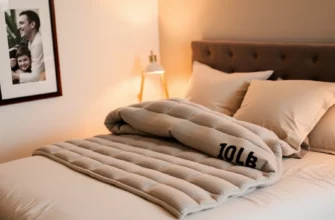 A cozy bedroom scene featuring a neatly made bed with a 10 lb weighted blanket draped over it, soft ambient lighting, and a calm, inviting atmosphere