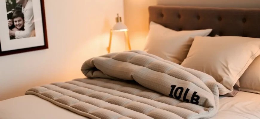 A cozy bedroom scene featuring a neatly made bed with a 10 lb weighted blanket draped over it, soft ambient lighting, and a calm, inviting atmosphere