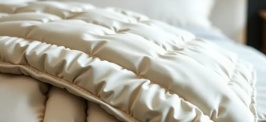 A close-up of a luxurious Tempur-Pedic weighted blanket draped over a modern bed, showing textured fabric and subtle stitching, with soft ambient lighting highlighting its premium quality