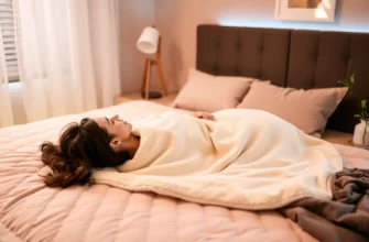 A serene bedroom interior featuring a person lying on a comfortable bed, wrapped in a plush microfiber weighted blanket, with soft ambient lighting, a small plant, and a calming color palette.