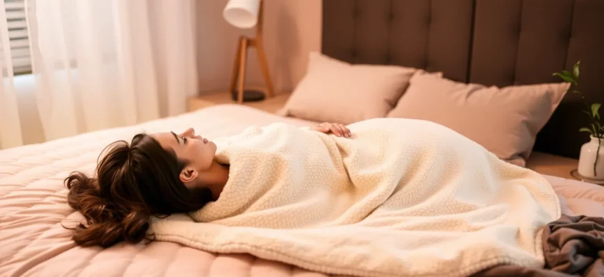 A serene bedroom interior featuring a person lying on a comfortable bed, wrapped in a plush microfiber weighted blanket, with soft ambient lighting, a small plant, and a calming color palette.