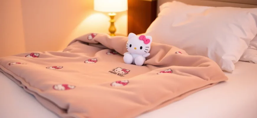 A cozy bedroom scene featuring a plush weighted blanket with a subtle Hello Kitty pattern draped over a neatly made bed, soft ambient lighting, and a small Hello Kitty plush toy placed on the pillow, emphasizing comfort and tranquility
