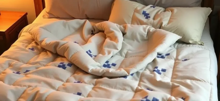 A cozy bedroom scene featuring a neatly made bed with a soft, textured weighted blanket draped over it, subtle Minecraft pixel art motifs subtly integrated into the blanket pattern, warm ambient lighting, and a relaxed atmosphere