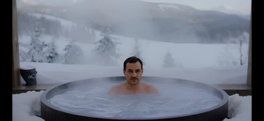 A realistic photo of a person taking a cold plunge in an outdoor icy bathtub, with steam rising from the water, surrounded by natural scenery like snow-covered trees and mountains, conveying a refreshing and invigorating atmosphere