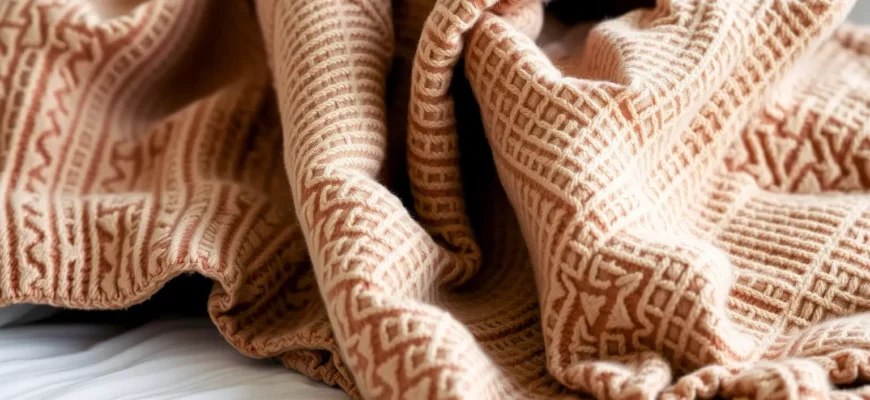 A close-up of a luxurious, textured weighted blanket in muted earth tones draped over a cozy bed, with subtle mosaic tile patterns visible in the fabric weave, soft natural lighting highlighting the fabric's depth and tactile quality