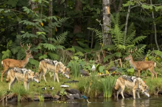 A vibrant natural landscape showing a restored ecosystem with diverse wildlife such as wolves, deer, birds, and fish thriving in a lush forest and river environment, symbolizing rewilding and nature's recovery