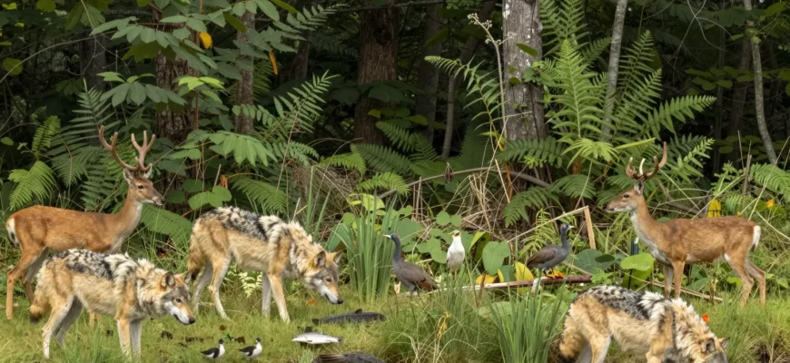 A vibrant natural landscape showing a restored ecosystem with diverse wildlife such as wolves, deer, birds, and fish thriving in a lush forest and river environment, symbolizing rewilding and nature's recovery