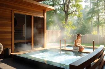 A serene wellness scene featuring a modern wooden sauna with glass doors emitting gentle steam, adjacent to an outdoor cold plunge pool with clear water and floating ice cubes, surrounded by natural stone, lush greenery, and soft morning light filtering through trees, with a person in a towel sitting calmly on a wooden bench nearby, embodying relaxation and contrast between heat and cold