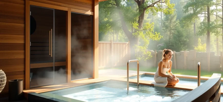 A serene wellness scene featuring a modern wooden sauna with glass doors emitting gentle steam, adjacent to an outdoor cold plunge pool with clear water and floating ice cubes, surrounded by natural stone, lush greenery, and soft morning light filtering through trees, with a person in a towel sitting calmly on a wooden bench nearby, embodying relaxation and contrast between heat and cold