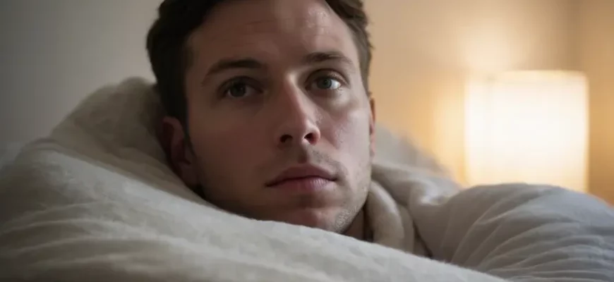 A close-up of a person lying under a weighted blanket, with a subtle expression of discomfort or anxiety visible on their face, surrounded by a calm bedroom environment with soft lighting, no text or numbers visible