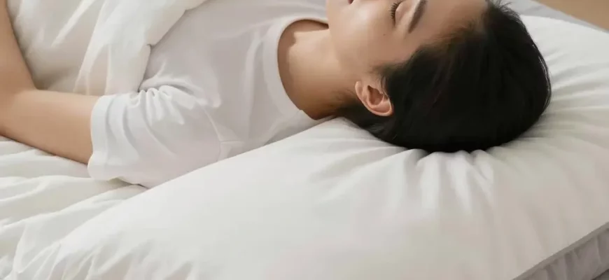 A person lying comfortably on a bed using a weighted blanket, with a calm and relaxed expression, soft lighting, and a cozy bedroom environment