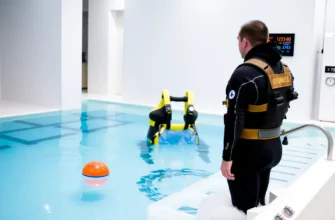 A person wearing a wetsuit and a safety harness standing at the edge of a clear, icy plunge pool, with a small floating buoy and a thermometer visible. The background shows a modern, well-lit indoor facility with a subtle scientific lab vibe, including a few scientific instruments like a digital thermometer and a small data display panel. The scene conveys safety and scientific precision in a calm, cool atmosphere.