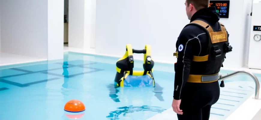 A person wearing a wetsuit and a safety harness standing at the edge of a clear, icy plunge pool, with a small floating buoy and a thermometer visible. The background shows a modern, well-lit indoor facility with a subtle scientific lab vibe, including a few scientific instruments like a digital thermometer and a small data display panel. The scene conveys safety and scientific precision in a calm, cool atmosphere.