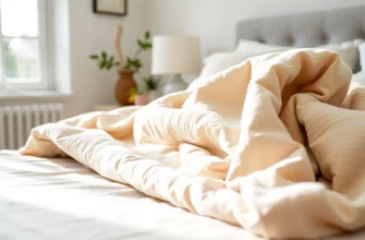 A close-up of a soft, breathable cotton weighted blanket in neutral tones, draped over a cozy bed with natural sunlight streaming through a window, emphasizing texture and comfort