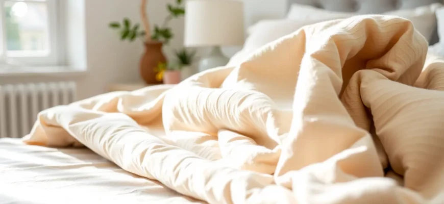 A close-up of a soft, breathable cotton weighted blanket in neutral tones, draped over a cozy bed with natural sunlight streaming through a window, emphasizing texture and comfort
